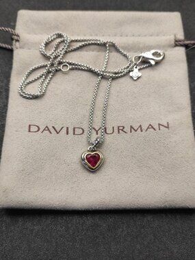 David Yurman 925 Silver & Gold Ruby Heart Necklace with Original Pouch